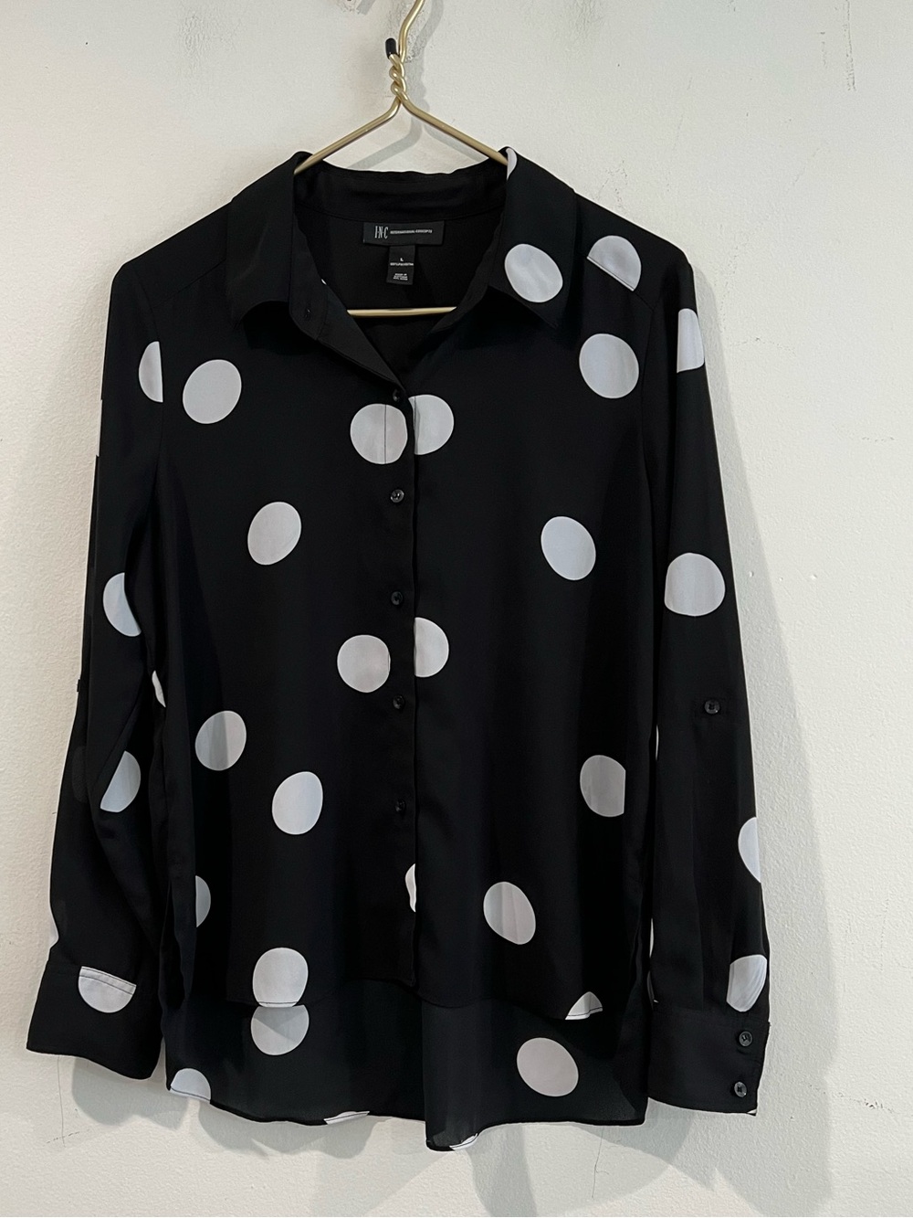 INC International Concepts Black Button-Up Blouse polca dots L